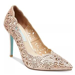 BETSEY JOHNSON Elsa Emili Rhinestone Embellished Blush Lacey Blue Bottom Heels
